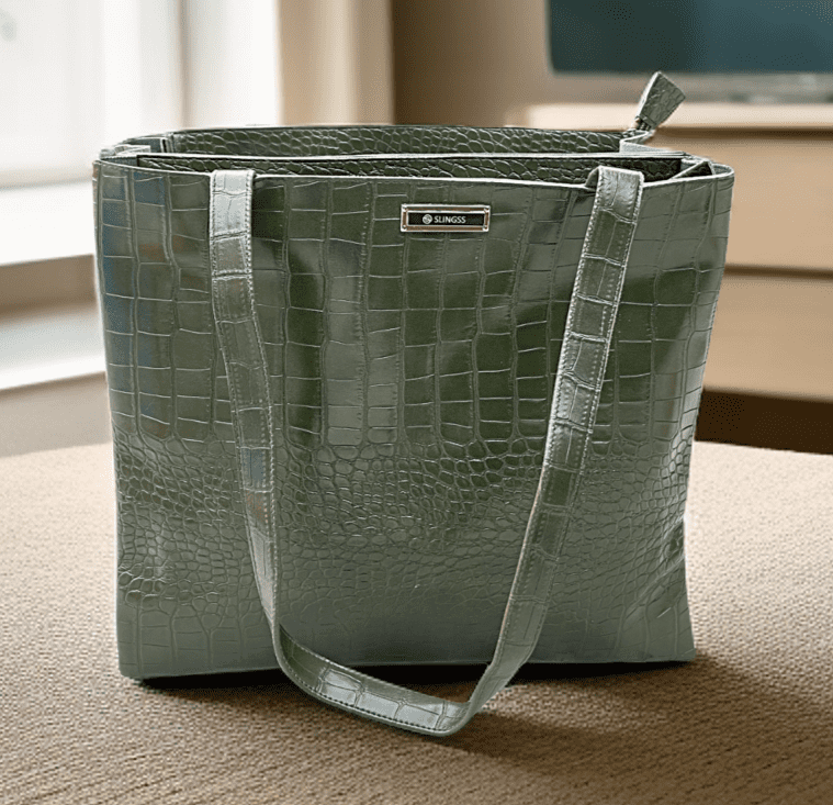 Slingss Green Leather Big Size Hand/Tote Bag For Ladies