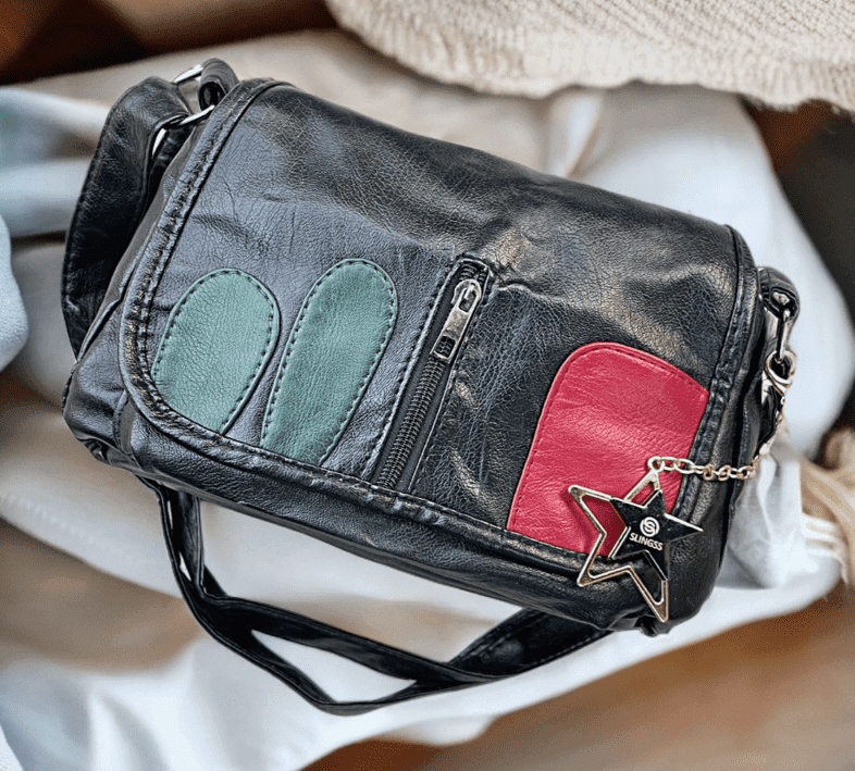 Slingss Premium Leather Black With Red & Green Patch Sling Bag For Ladies With Long Belt