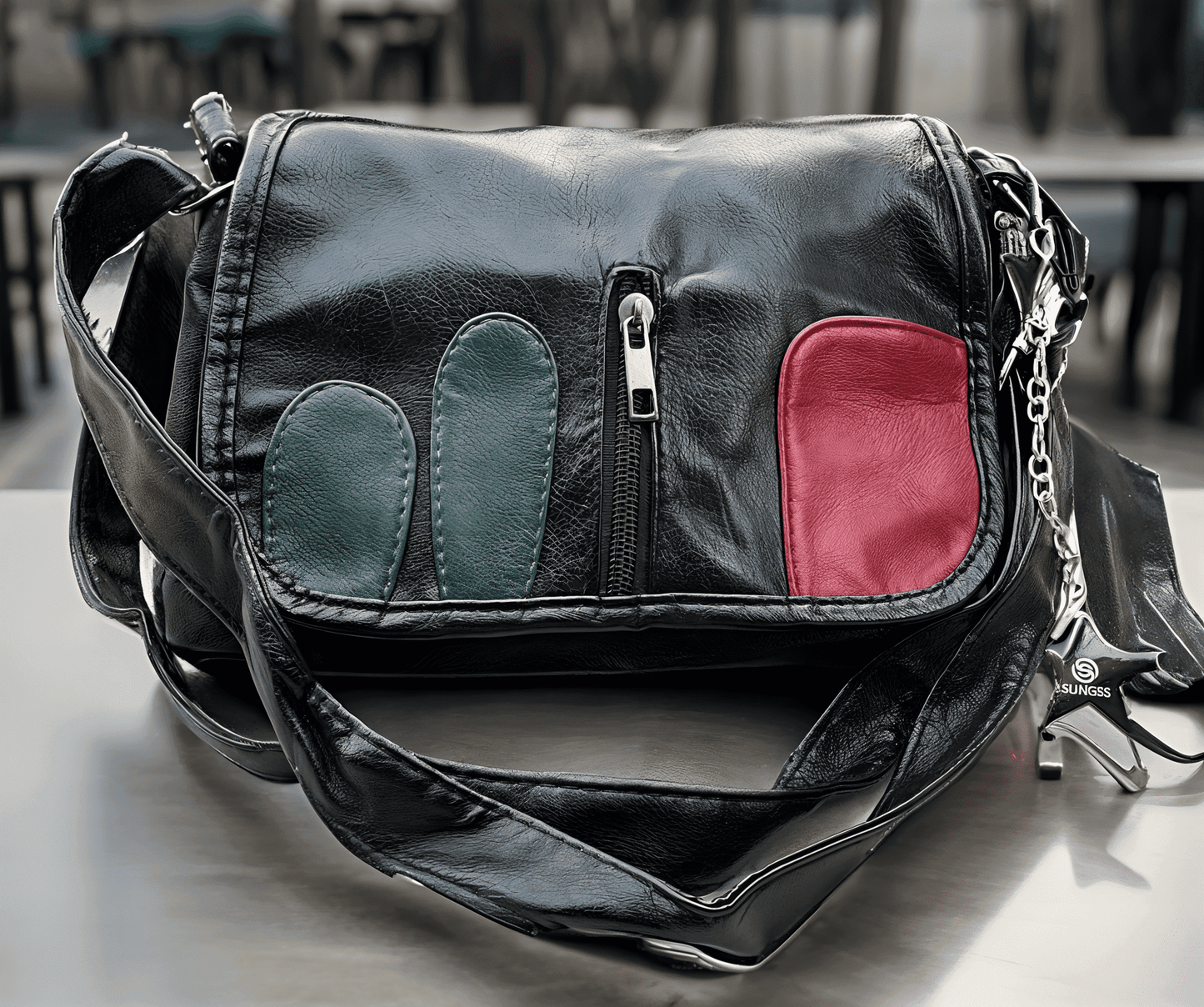 Slingss Premium Leather Black With Red & Green Patch Sling Bag For Ladies With Long Belt