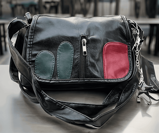 Slingss Premium Leather Black With Red & Green Patch Sling Bag For Ladies With Long Belt