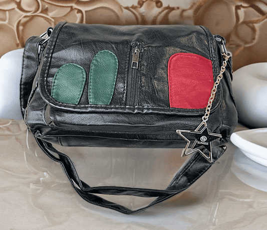 Slingss Premium Leather Black With Red & Green Patch Sling Bag For Ladies With Long Belt