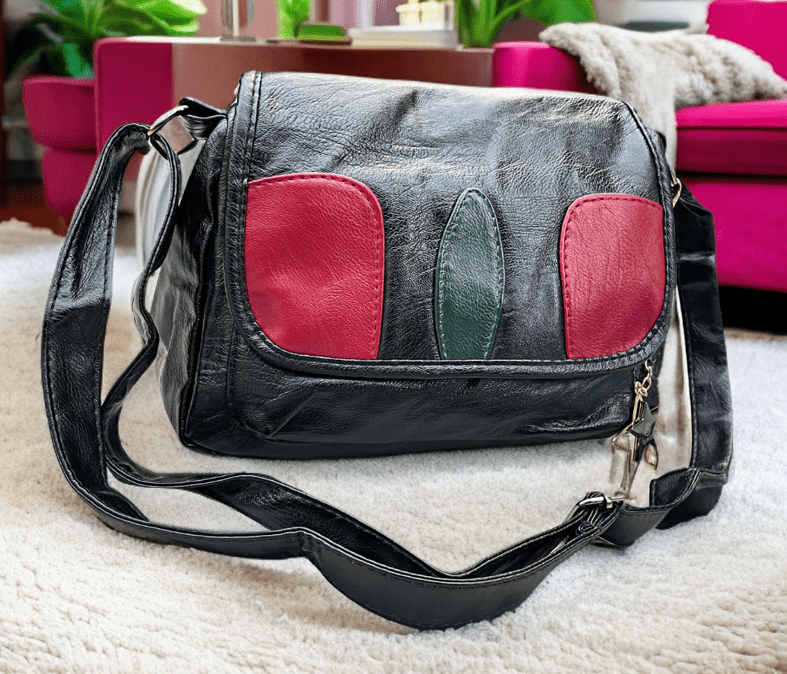 Slingss Premium Leather Black With Red Patch Sling Bag For Ladies With Long Belt