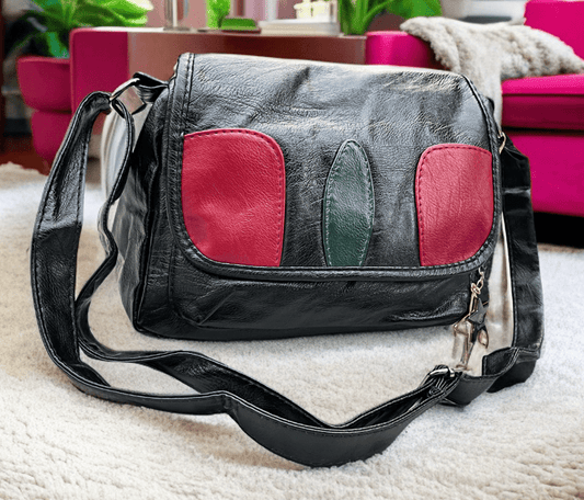 Slingss Premium Leather Black With Red Patch Sling Bag For Ladies With Long Belt