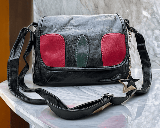 Slingss Premium Leather Black With Red Patch Sling Bag For Ladies With Long Belt