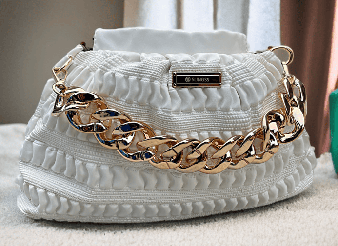 Slingss Premium Range White Color Leather Material Sling Bag For Ladies With Golden Chain