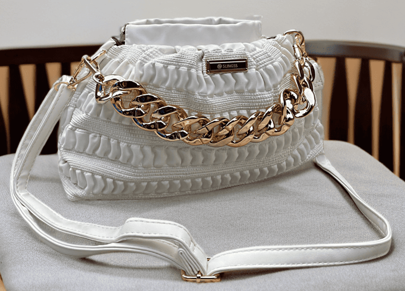 Slingss Premium Range White Color Leather Material Sling Bag For Ladies With Golden Chain
