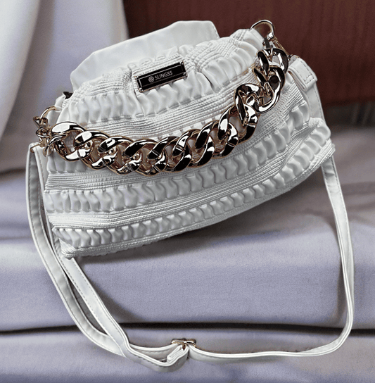 Slingss Premium Range White Color Leather Material Sling Bag For Ladies With Golden Chain