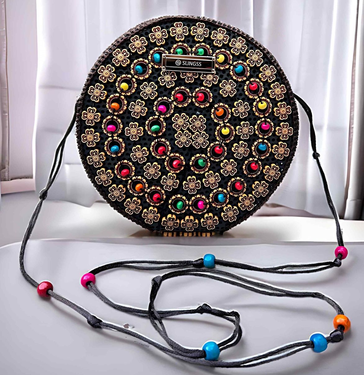 Slingss Exclusive Handmade Eco-Friendly Wooden Round Shape Sling Bag For Ladies With Long Strap