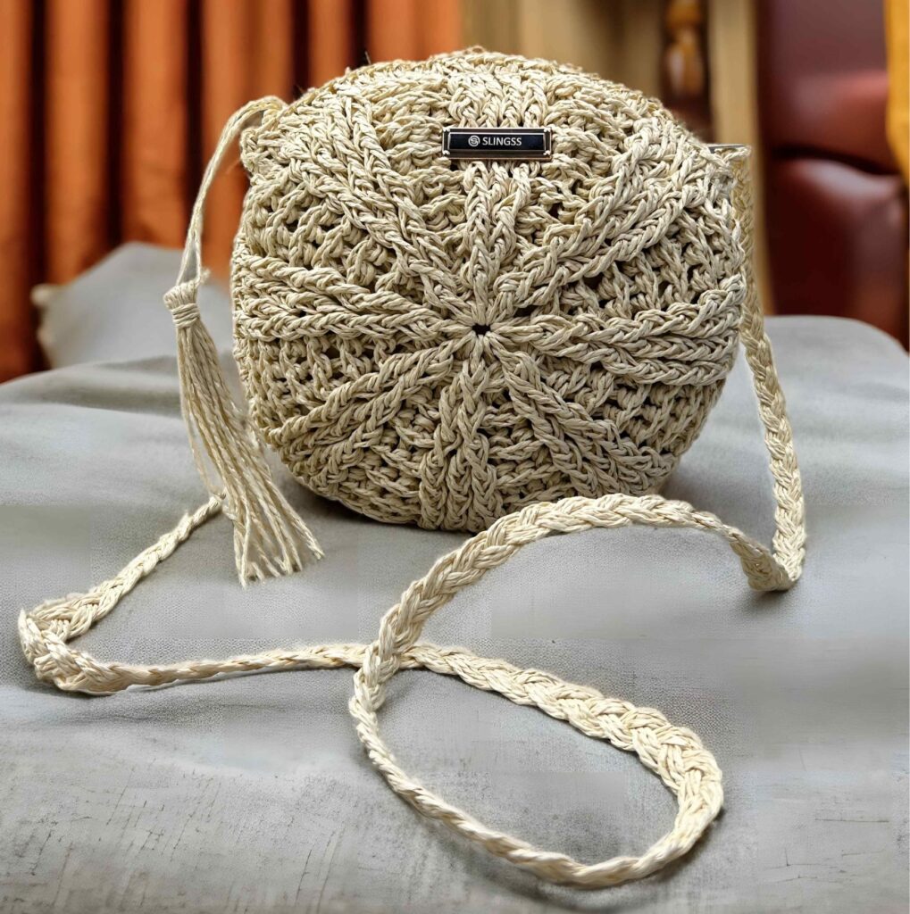 Slingss Exclusive Handmade Eco-Friendly Jute Round Shape Sling Bag For Ladies With Long Strap