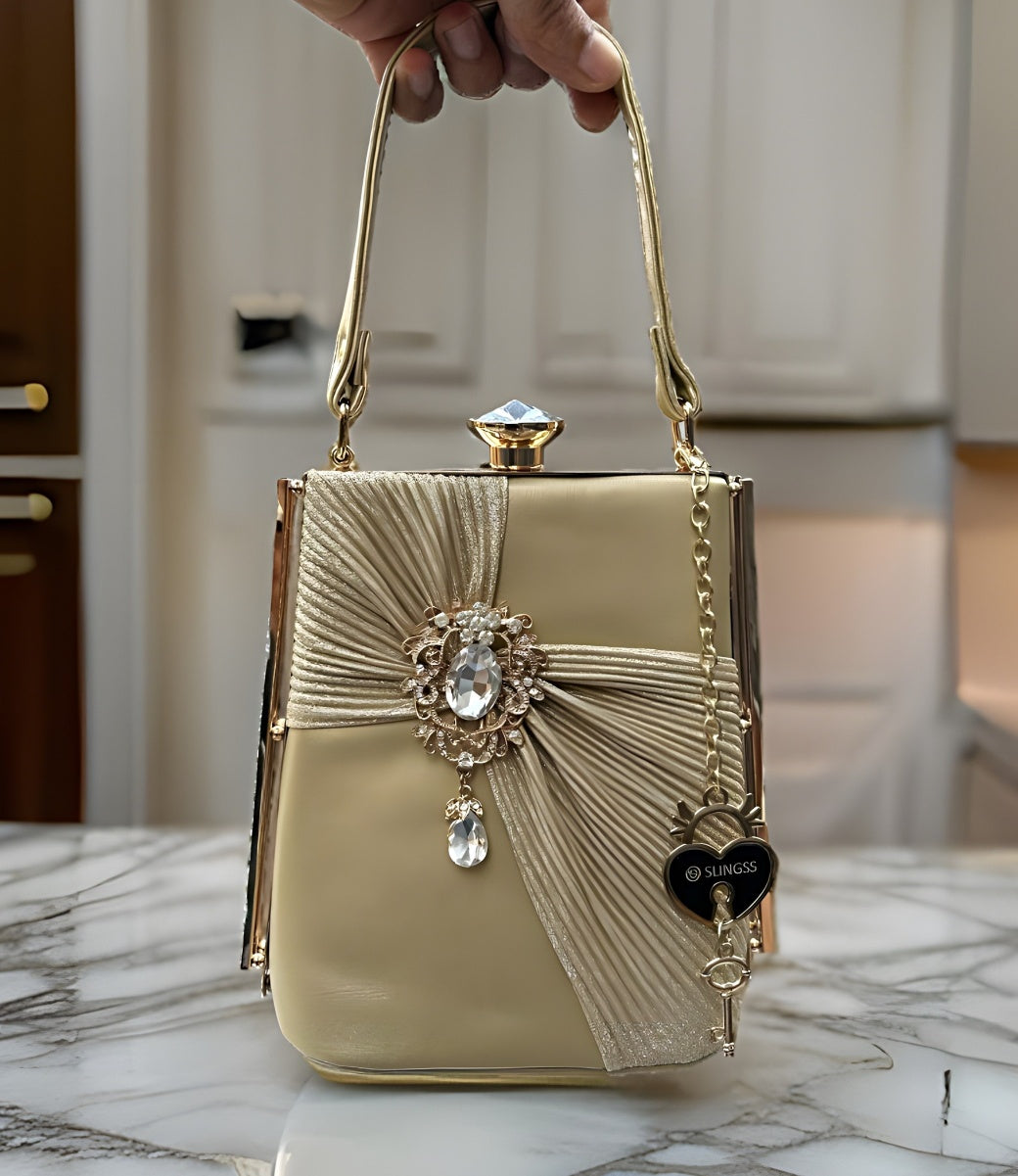 Slingss Exclusive Premium Golden Partywear Sparkling Tequila Bottle Shaped Clutch For Ladies With Golden Handle & Long Chain