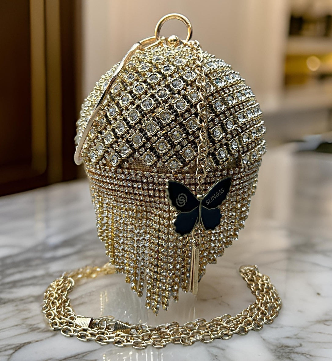 Slingss Exclusive Premium Ball Shaped Partywear Embroidered Clutch For Ladies With Gold Handle & Long Chain