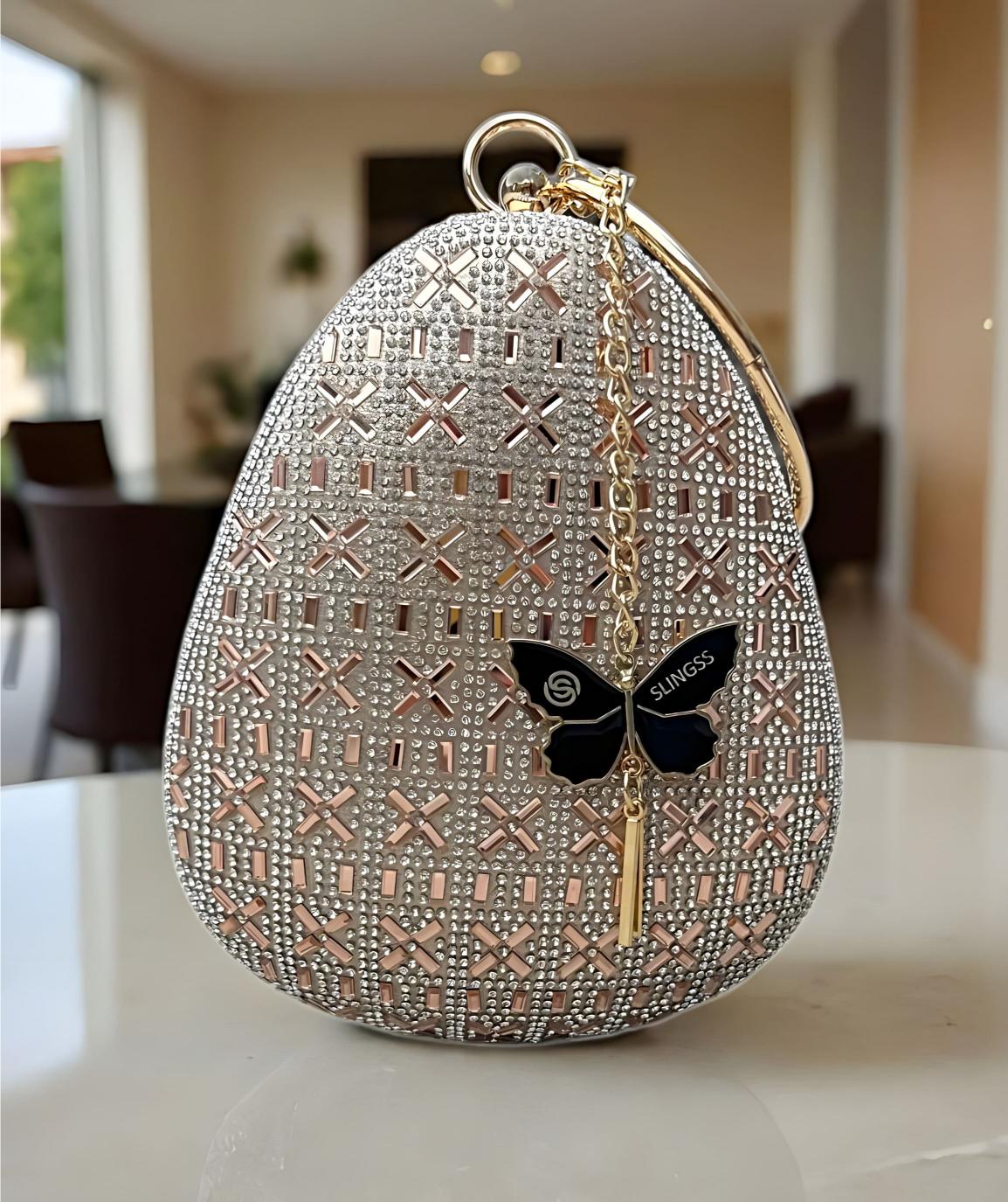 Slingss Exclusive Premium Oval Shape Partywear Embroidered Clutch For Ladies With Golden Handle & Chain