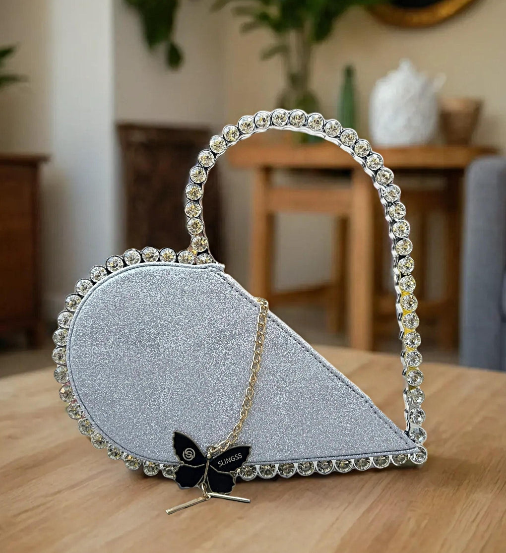 Slingss Exclusive Premium Sparkle Heart Shape Partywear Diamond Embroidered Handbag For Ladies