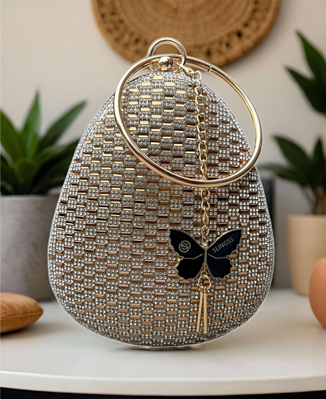 Slingss Exclusive Premium Oval Shape Partywear Embroidered Clutch For Ladies With Golden Handle & Chain