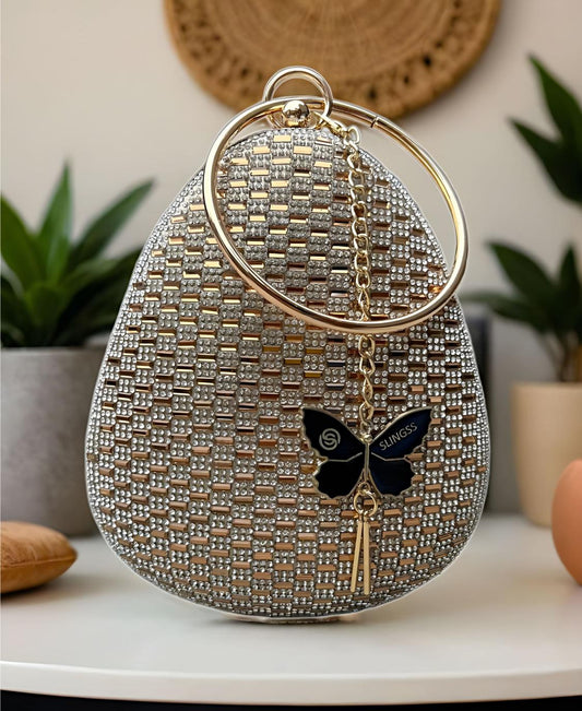 Slingss Exclusive Premium Oval Shape Partywear Embroidered Clutch For Ladies With Golden Handle & Chain