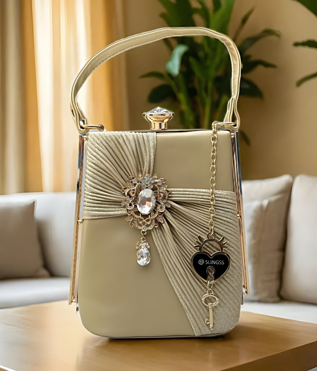 Slingss Exclusive Premium Golden Partywear Sparkling Tequila Bottle Shaped Clutch For Ladies With Golden Handle & Long Chain