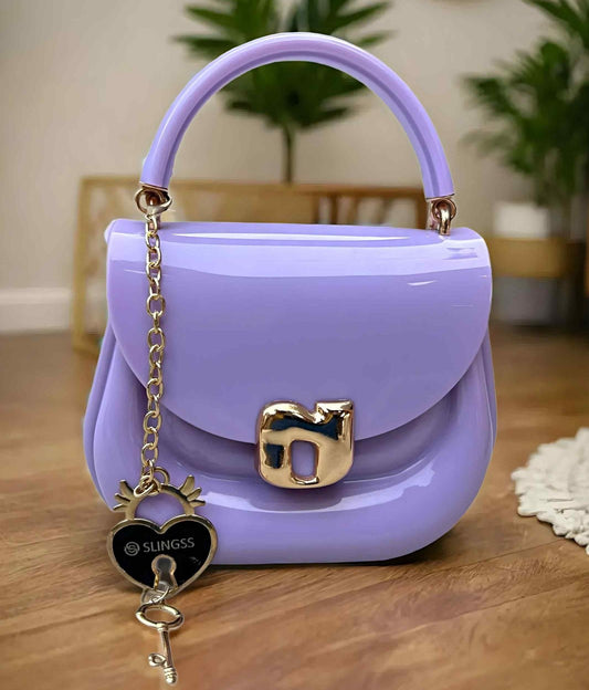 Slingss Mini Partywear Purple Silicon Purse For Girls With Handel & Long Belt