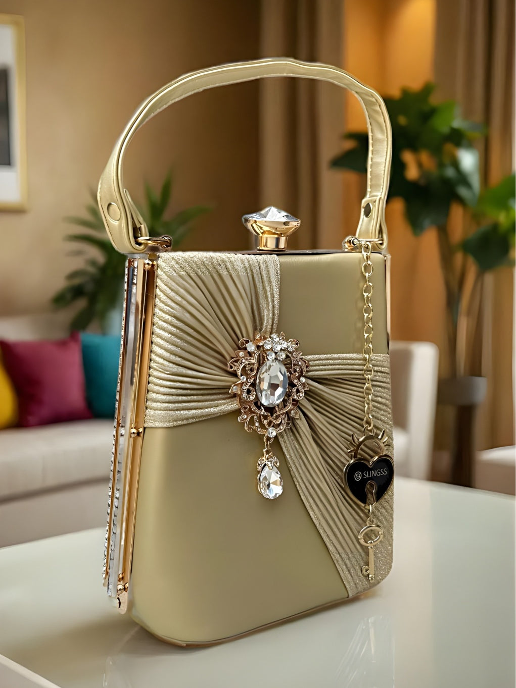 Slingss Exclusive Premium Golden Partywear Sparkling Tequila Bottle Shaped Clutch For Ladies With Golden Handle & Long Chain