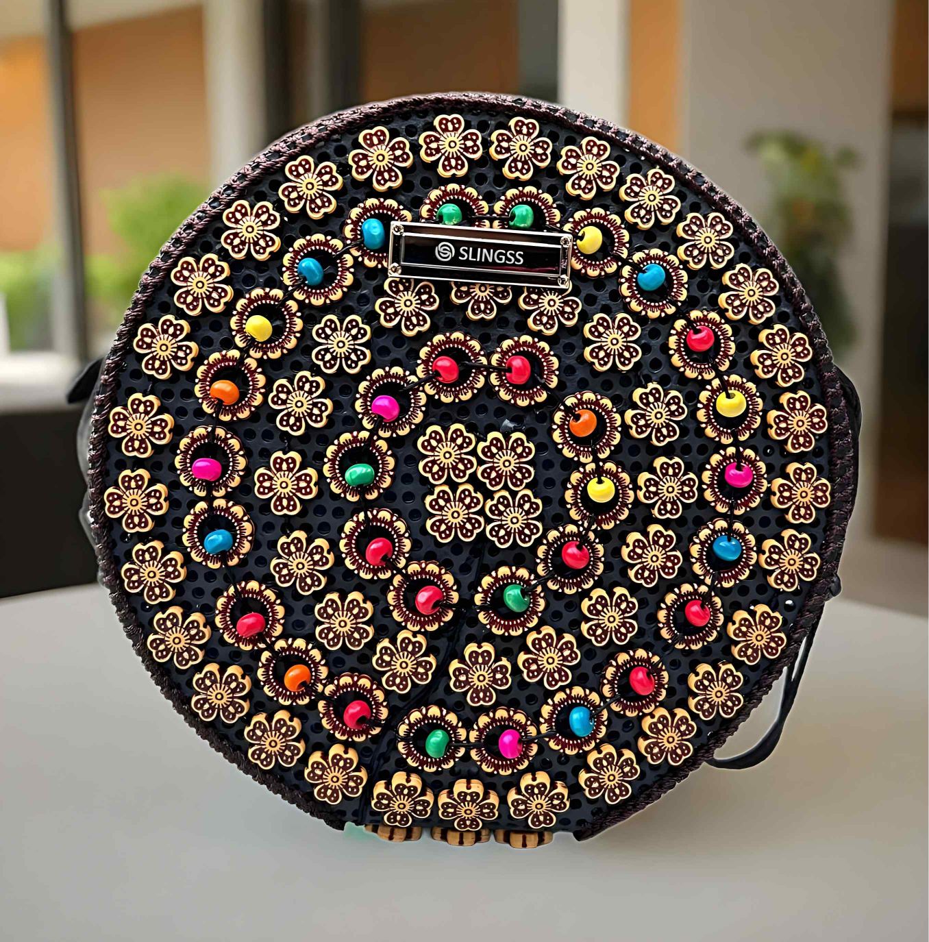 Slingss Exclusive Handmade Eco-Friendly Wooden Round Shape Sling Bag For Ladies With Long Strap