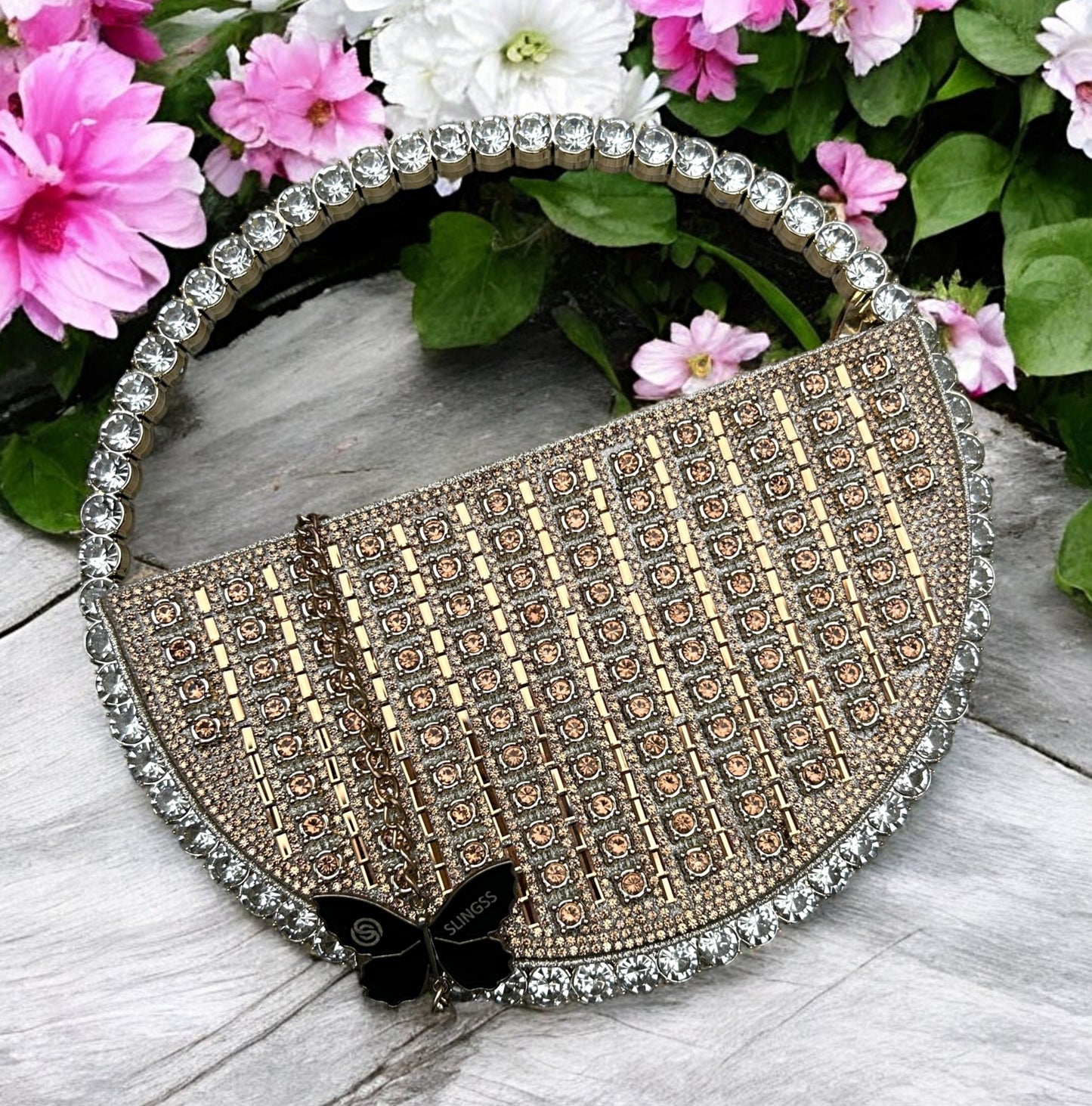 Slingss Exclusive Premium Half Moon Partywear Diamond Studded Embroidered Handbag For Ladies