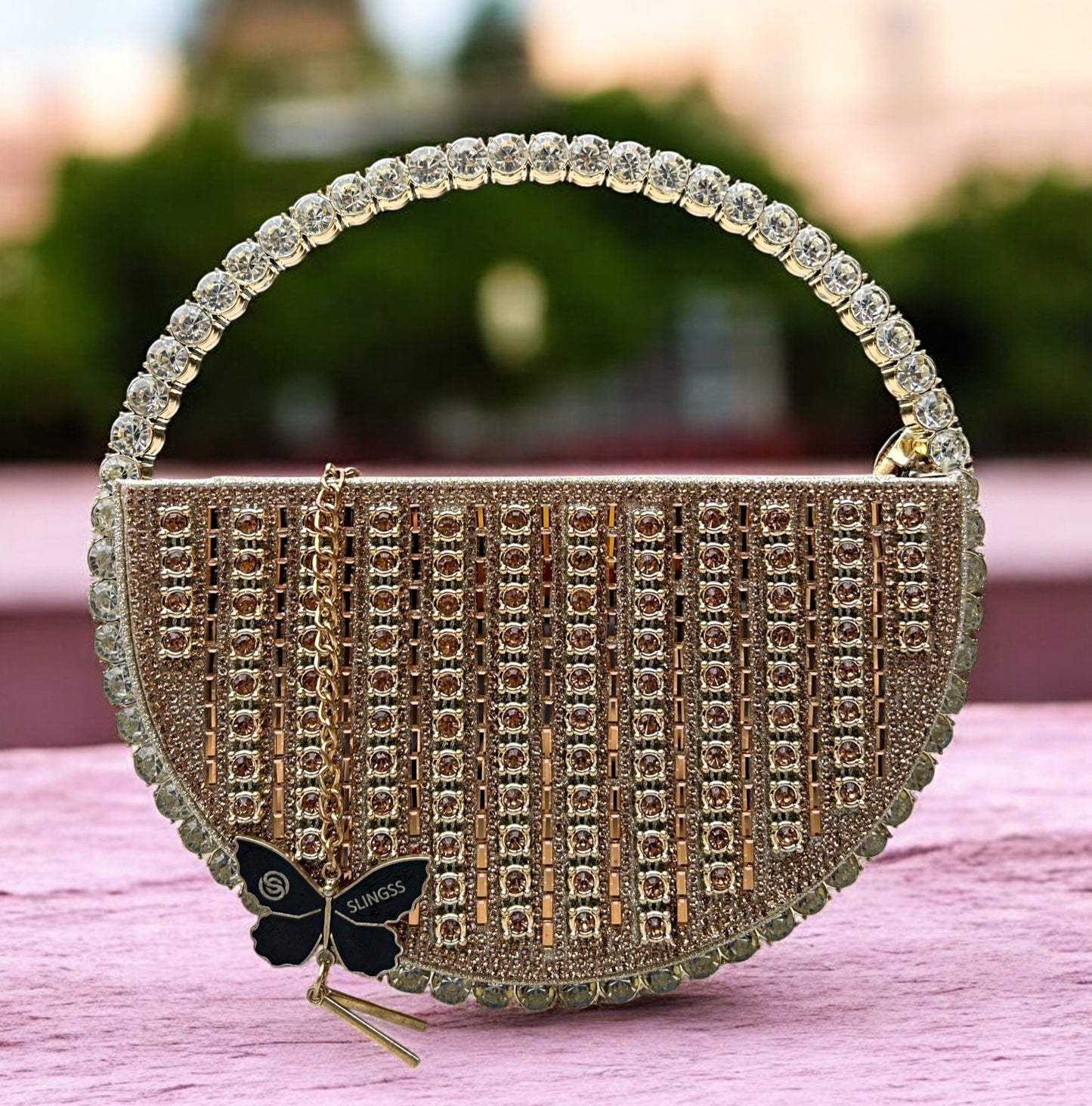 Slingss Exclusive Premium Half Moon Partywear Diamond Studded Embroidered Handbag For Ladies