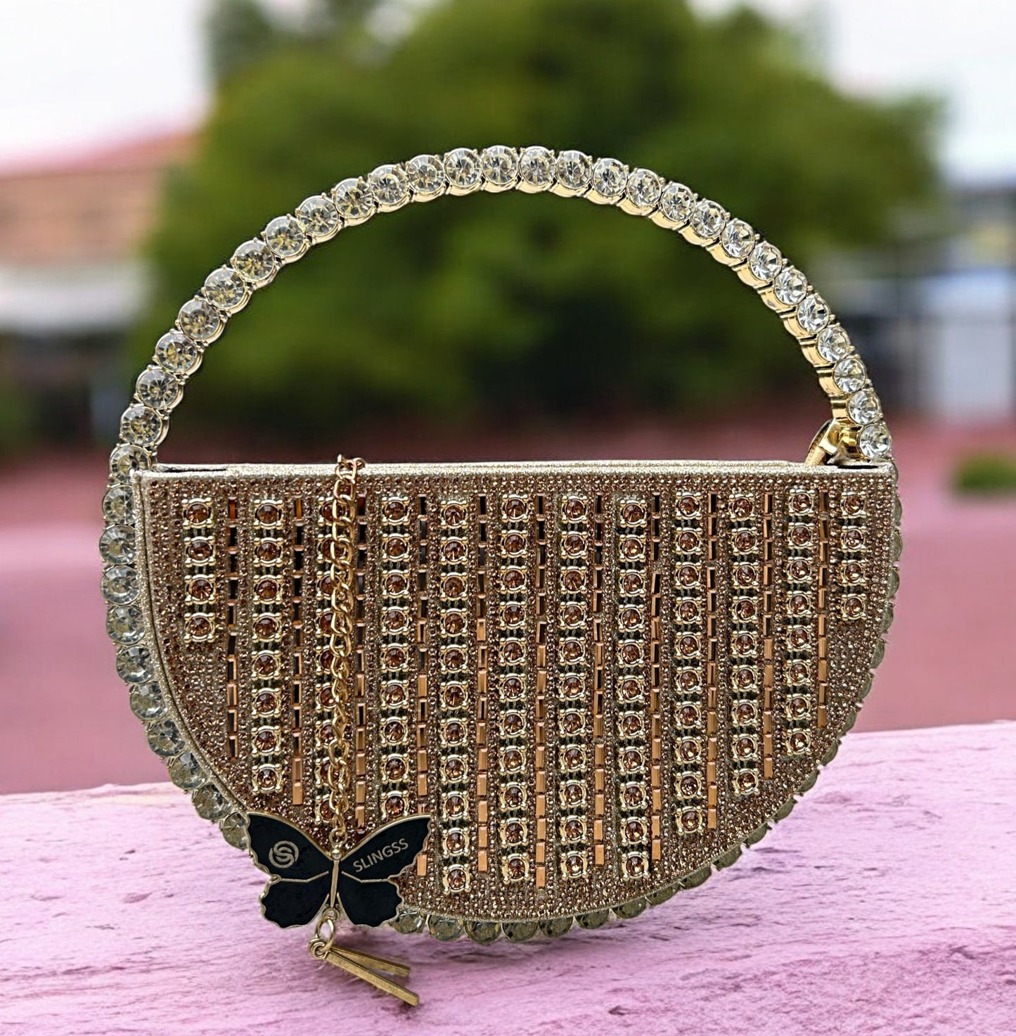 Slingss Exclusive Premium Half Moon Partywear Diamond Studded Embroidered Handbag For Ladies