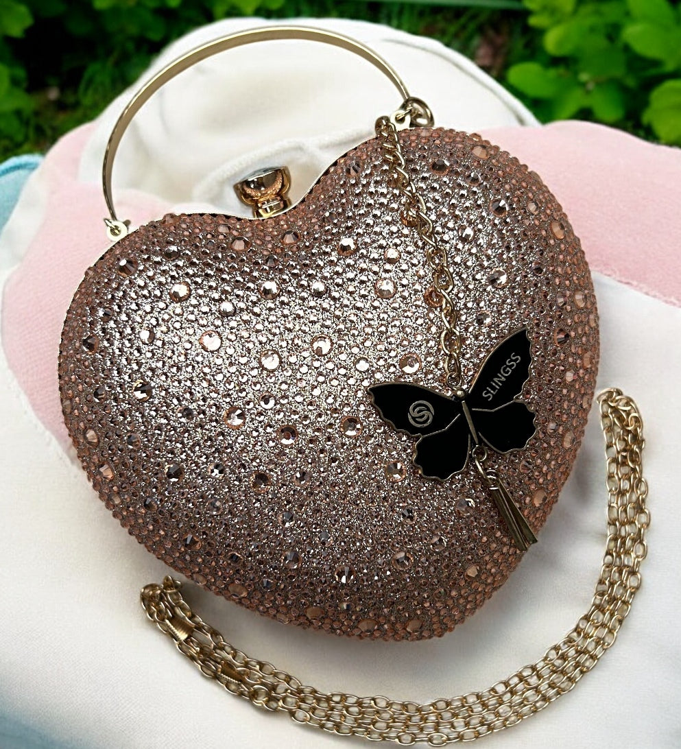 Slingss Exclusive Premium Heart Shape Water Droplets Design Partywear Embroidered Clutch For Ladies With Handle & Long Chain