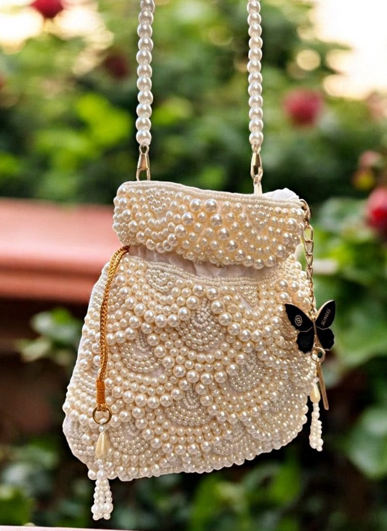Slingss Premium White Beads Partywear Potli For Ladies With White beads Handle