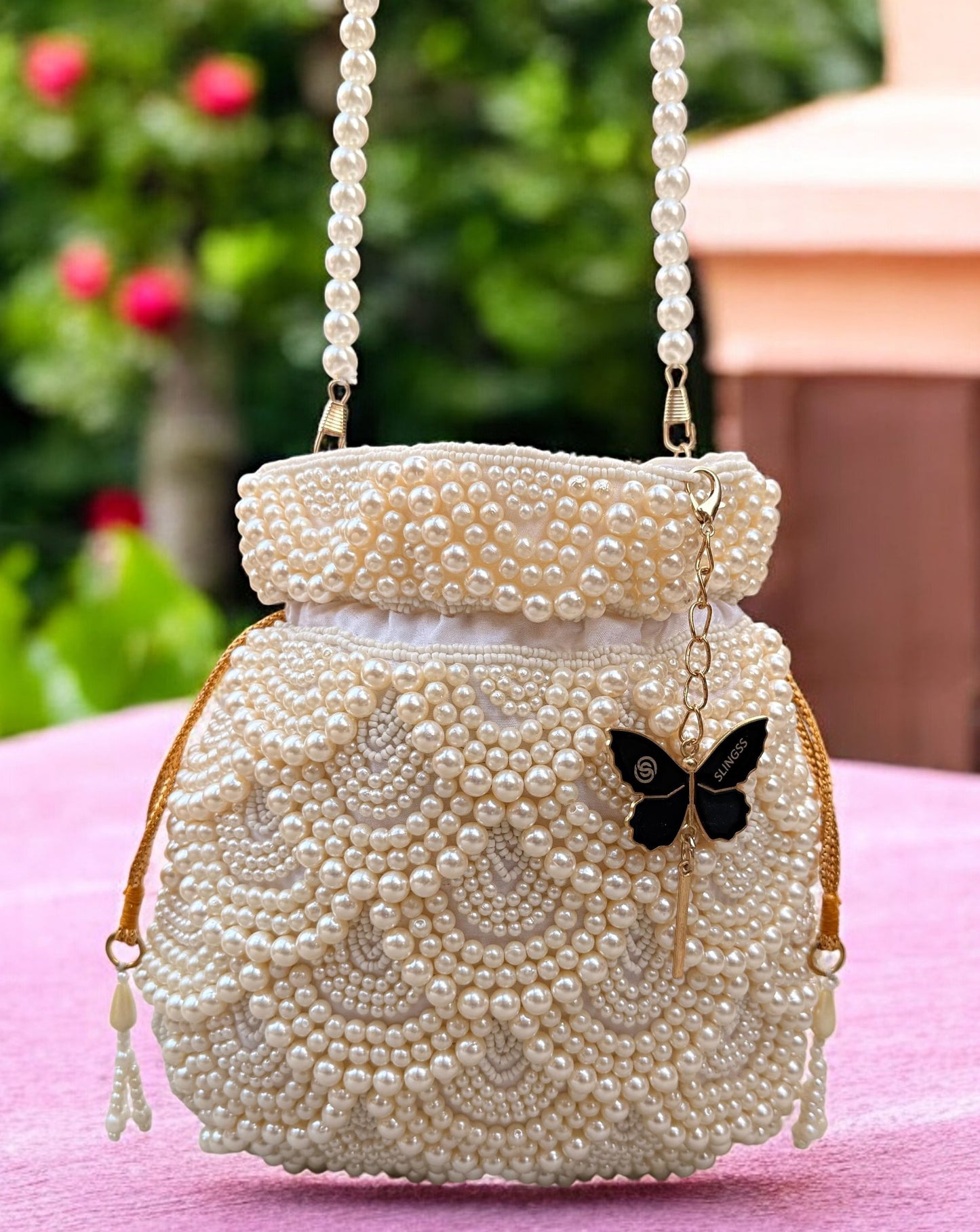 Slingss Premium White Beads Partywear Potli For Ladies With White beads Handle