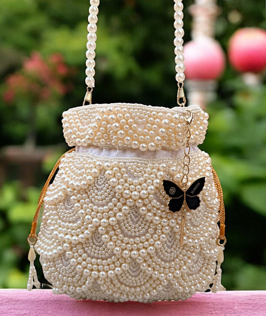 Slingss Premium White Beads Partywear Potli For Ladies With White beads Handle
