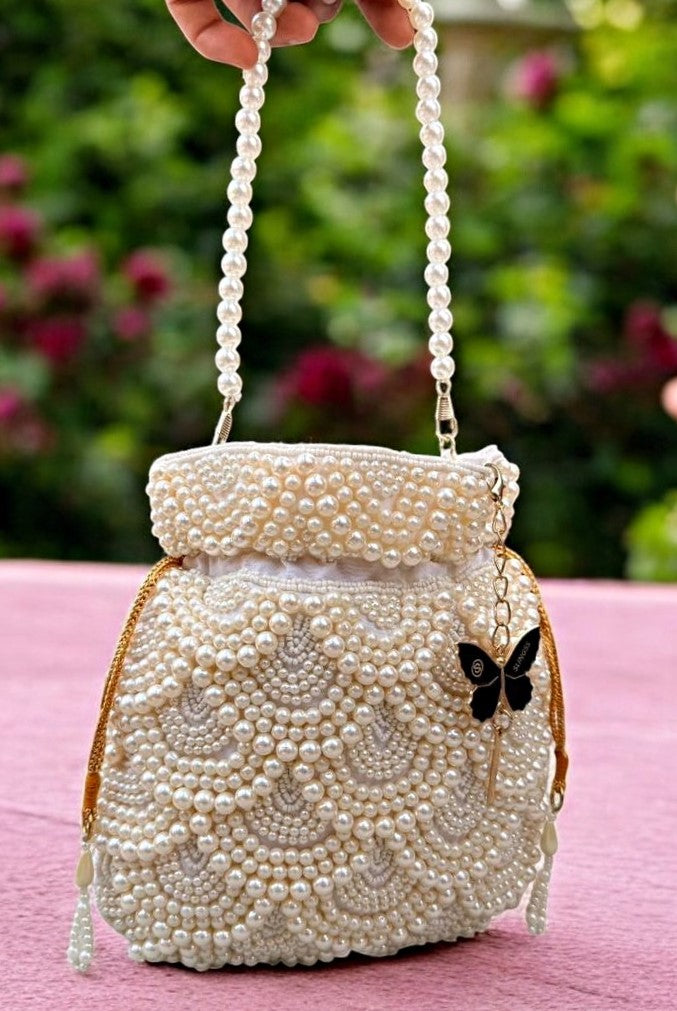 Slingss Premium White Beads Partywear Potli For Ladies With White beads Handle