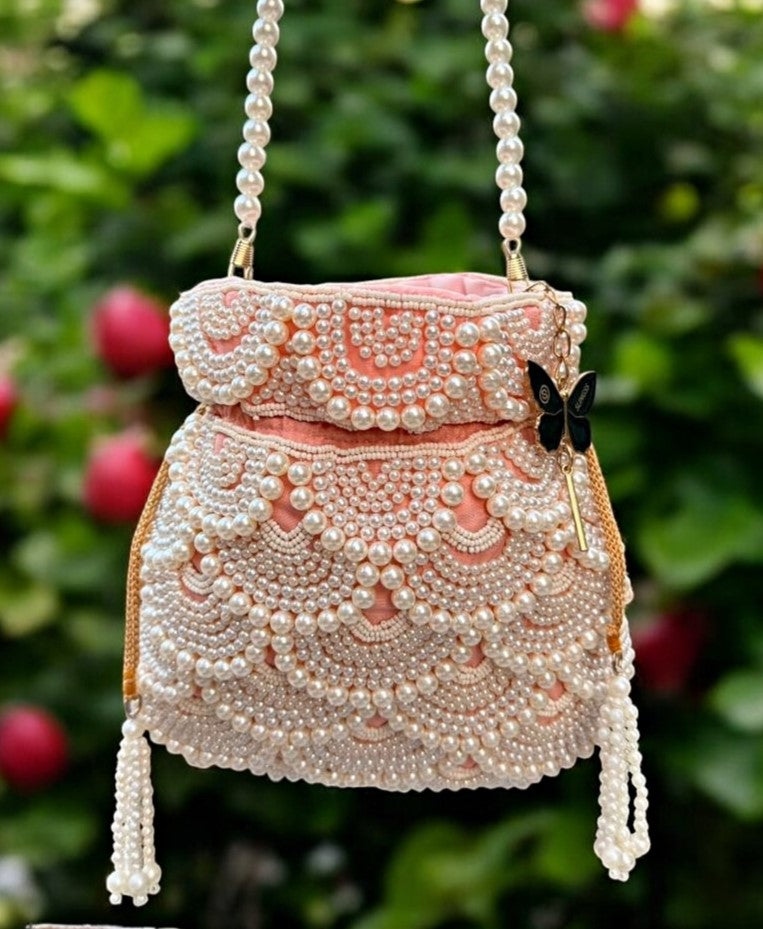 Slingss Premium Peach White Beads Potli For Ladies With White beads Handle