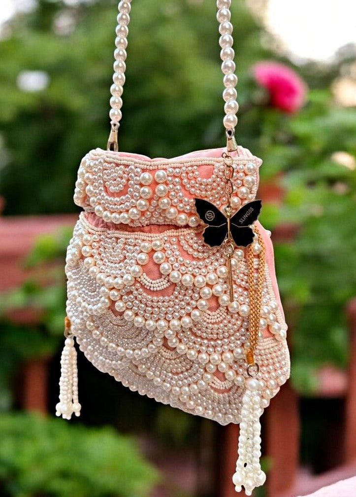 Slingss Premium Peach White Beads Potli For Ladies With White beads Handle
