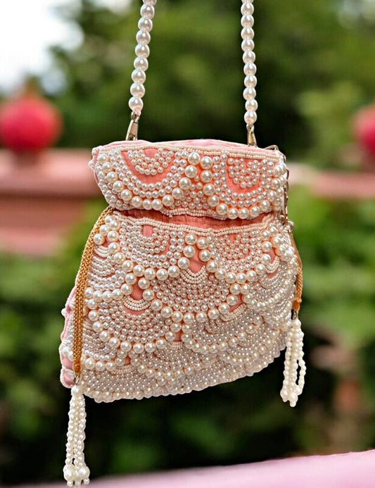 Slingss Premium Peach White Beads Potli For Ladies With White beads Handle