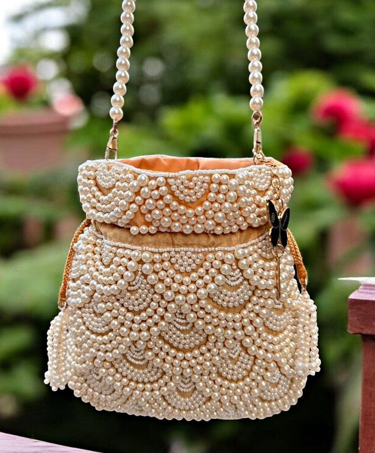Slingss Premium Golden White Beads Partywear Potli For Ladies With White beads Handle