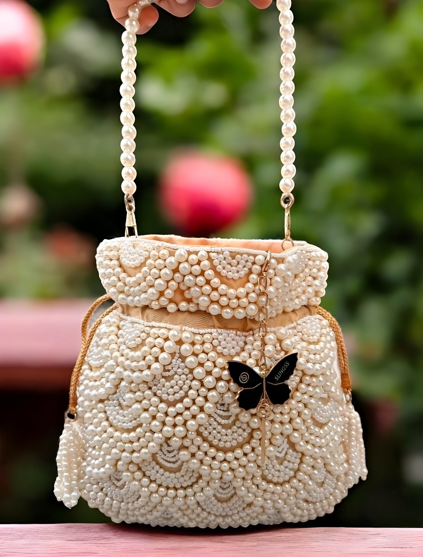 Slingss Premium Golden White Beads Partywear Potli For Ladies With White beads Handle