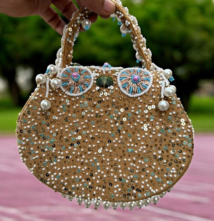 Slingss Luxury Range Hanging Beads Embroidered Partywear Handbag For Ladies With Handle & Chain