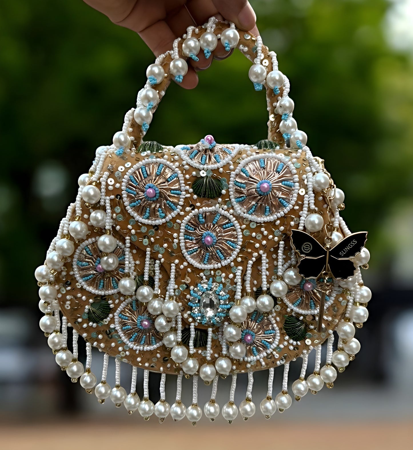Slingss Luxury Range Hanging Beads Embroidered Partywear Handbag For Ladies With Handle & Chain