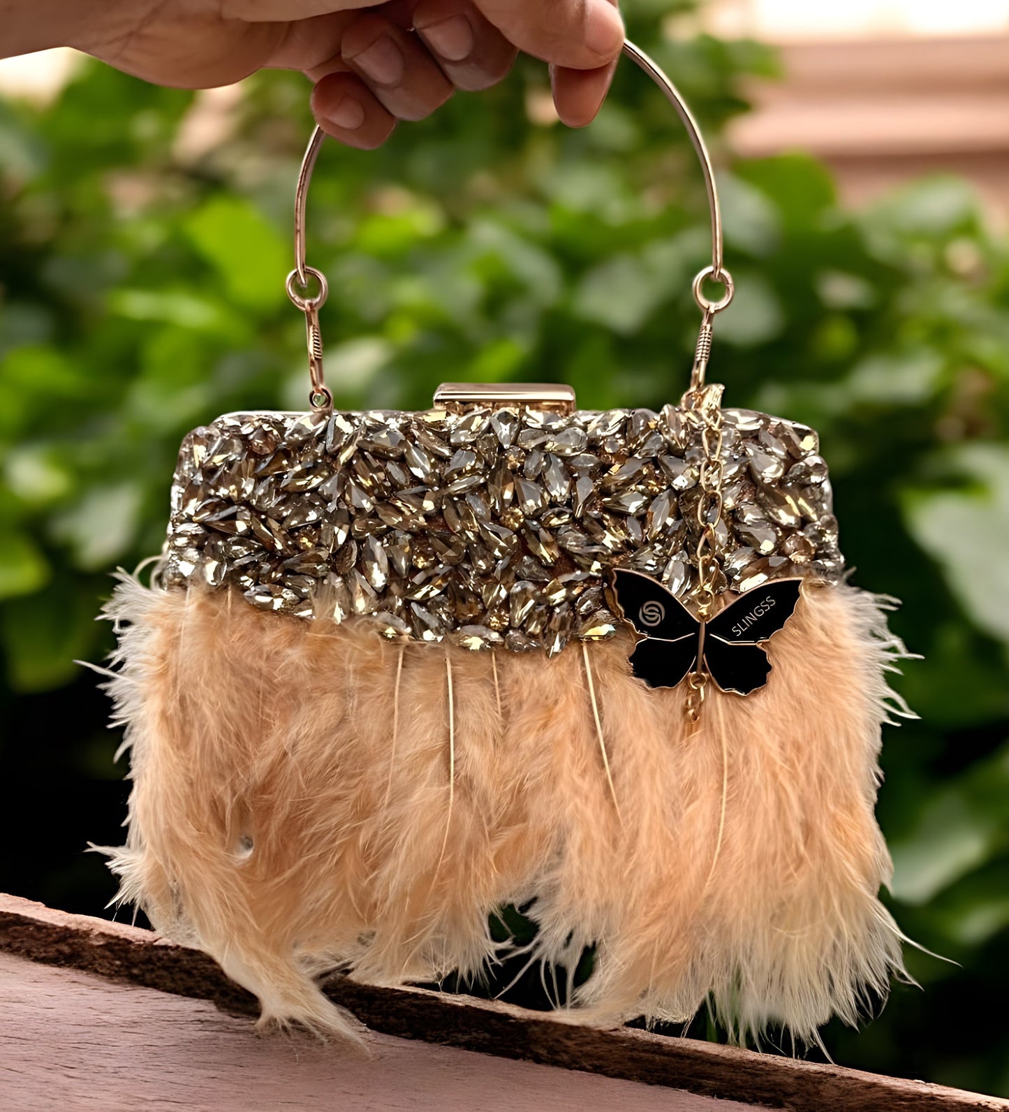 Slingss Exclusive Luxury Range Partywear Feather Diamond Embroidered Clutch For Ladies With Handle & Long Chain