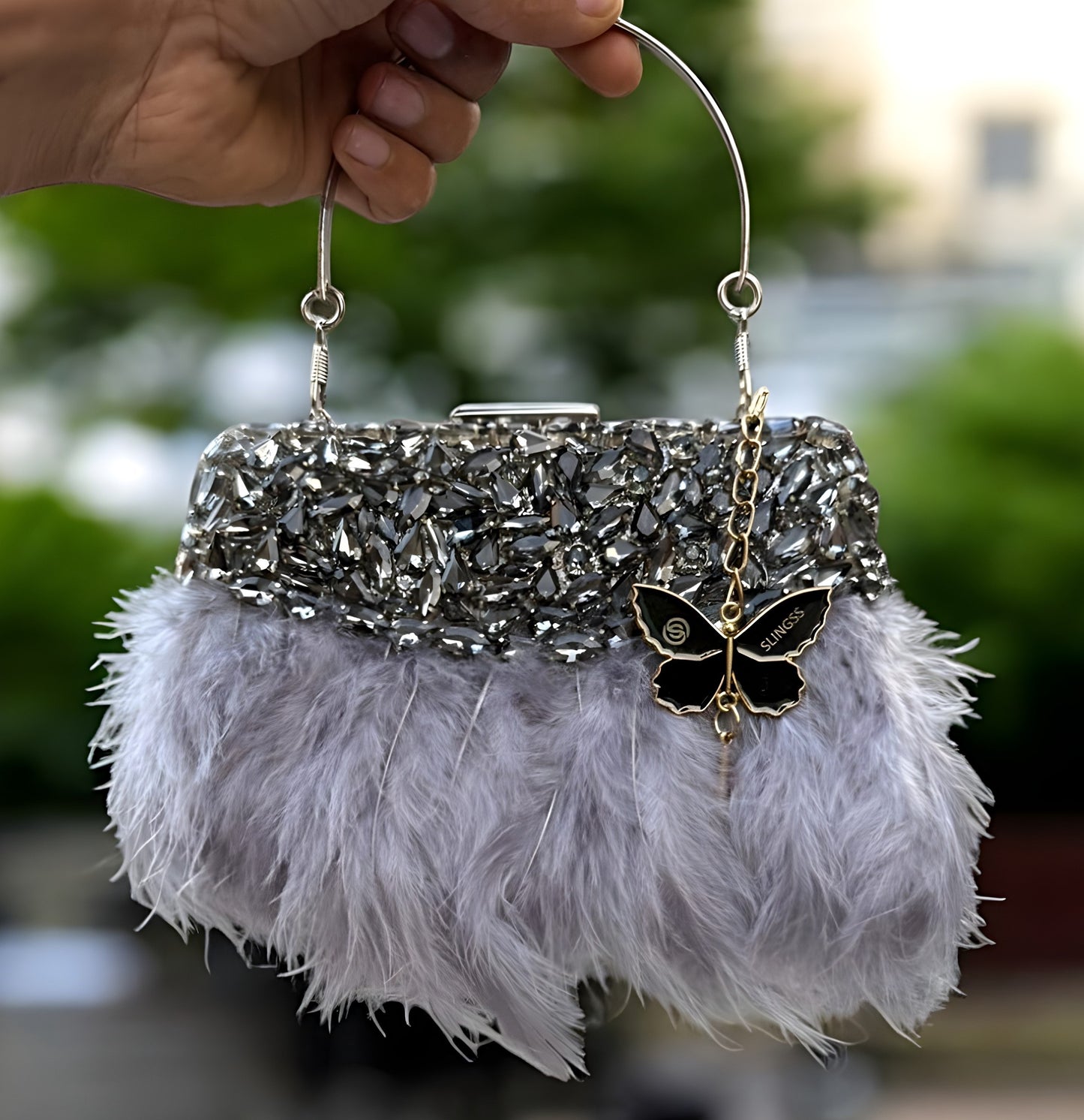 Slingss Exclusive Luxury Range Partywear Feather Diamond Embroidered Clutch For Ladies With Handle & Long Chain