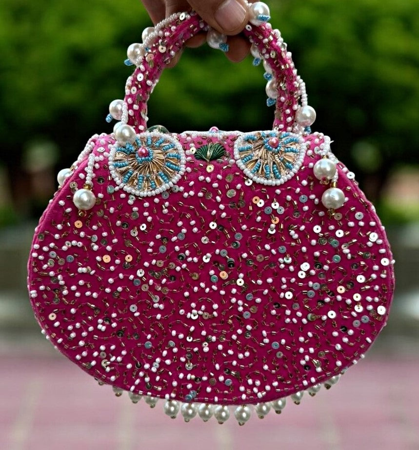 Slingss Luxury Range Hanging Beads Embroidered Partywear Handbag For Ladies With Handle & Chain