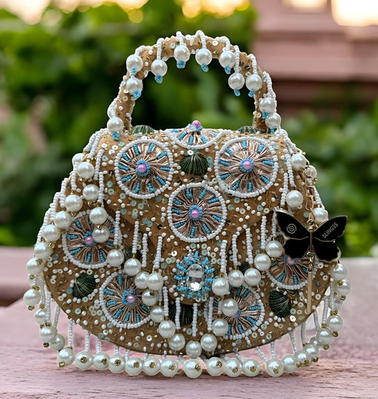 Slingss Luxury Range Hanging Beads Embroidered Partywear Handbag For Ladies With Handle & Chain