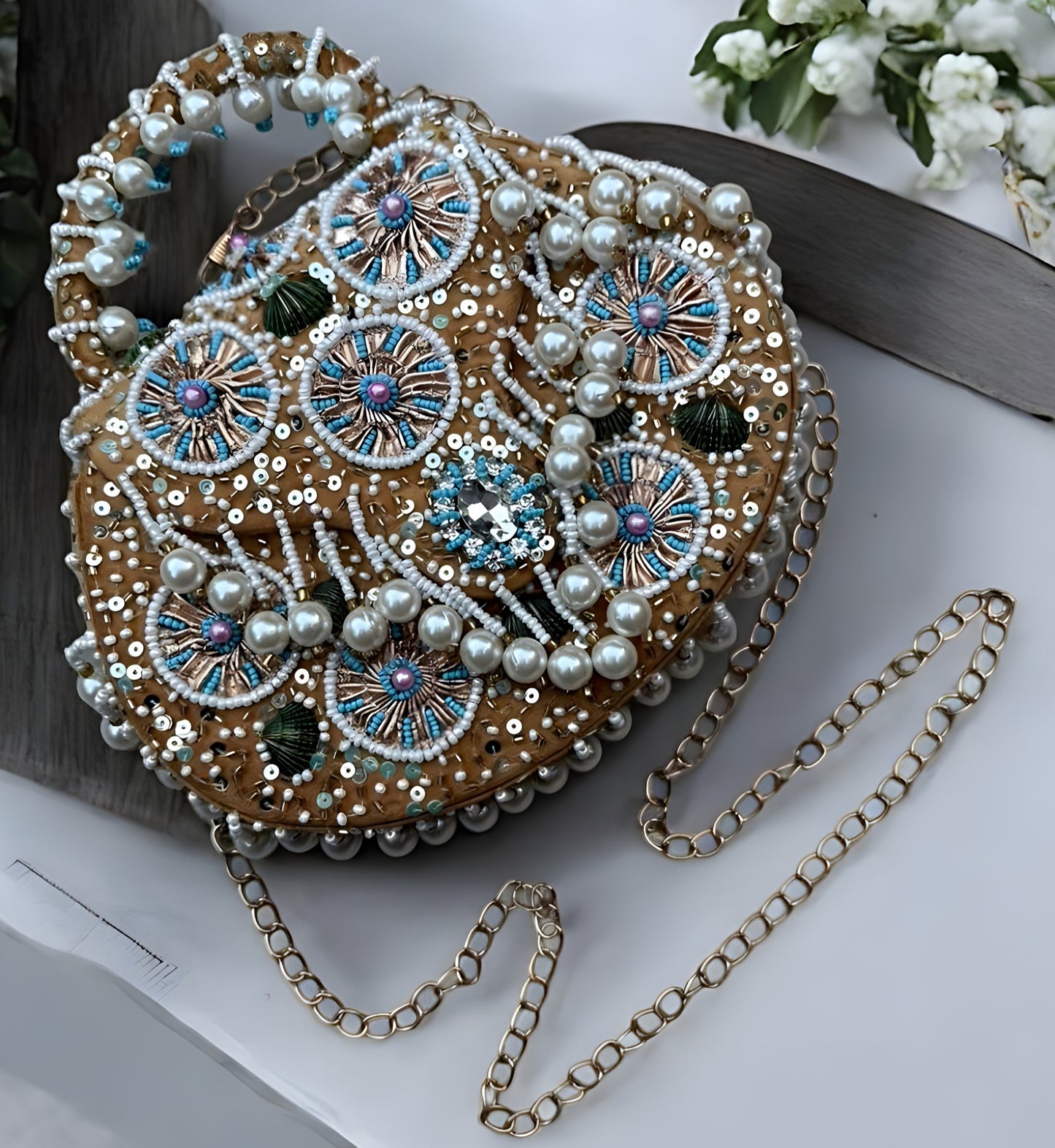 Slingss Luxury Range Hanging Beads Embroidered Partywear Handbag For Ladies With Handle & Chain