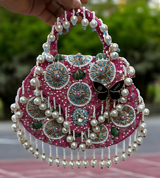 Slingss Luxury Range Hanging Beads Embroidered Partywear Handbag For Ladies With Handle & Chain