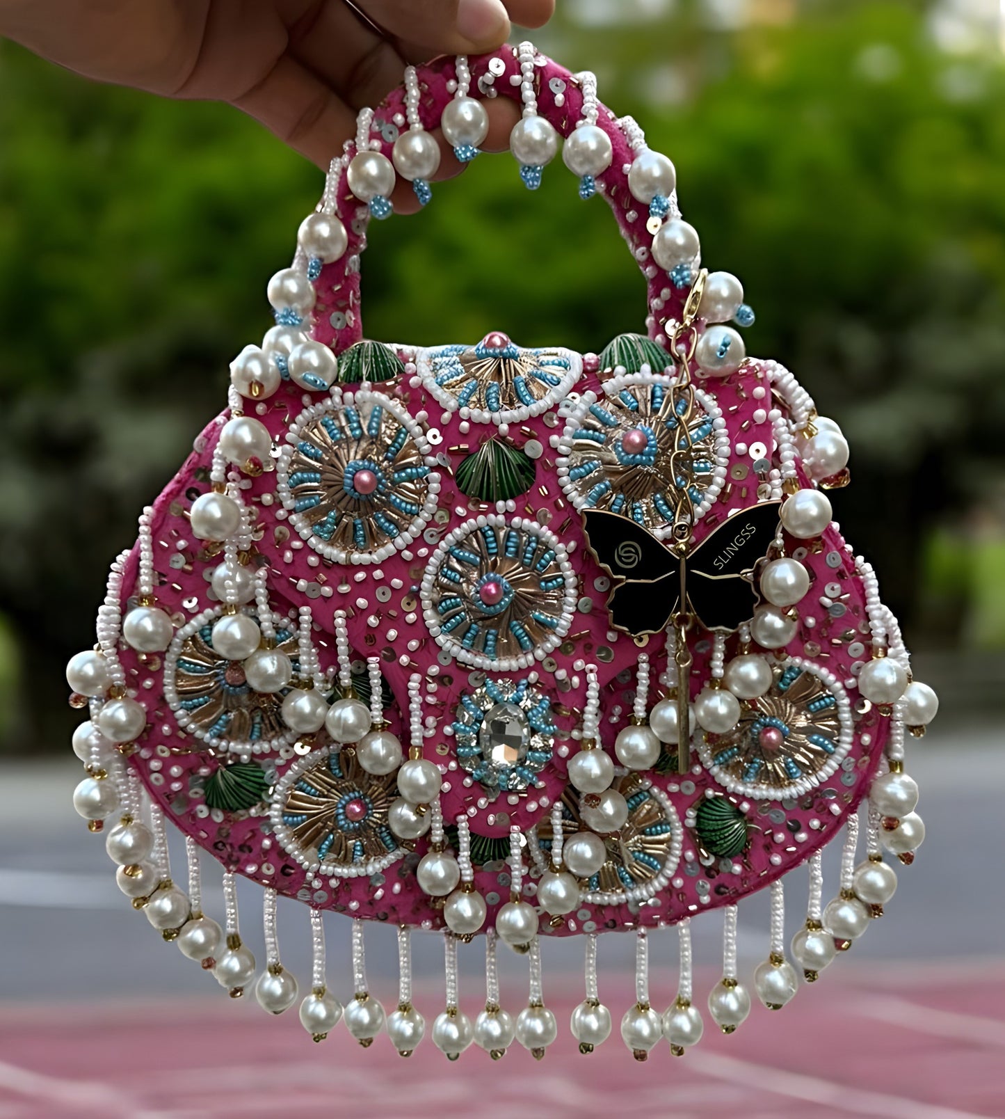 Slingss Luxury Range Hanging Beads Embroidered Partywear Handbag For Ladies With Handle & Chain