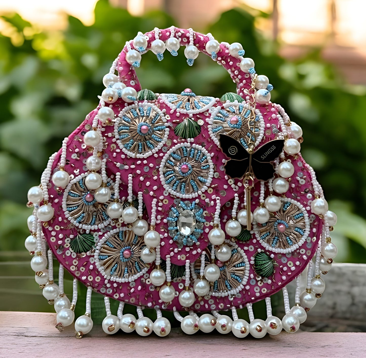Slingss Luxury Range Hanging Beads Embroidered Partywear Handbag For Ladies With Handle & Chain
