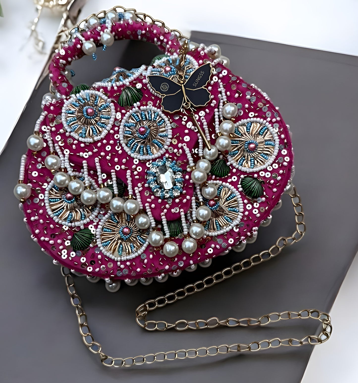 Slingss Luxury Range Hanging Beads Embroidered Partywear Handbag For Ladies With Handle & Chain