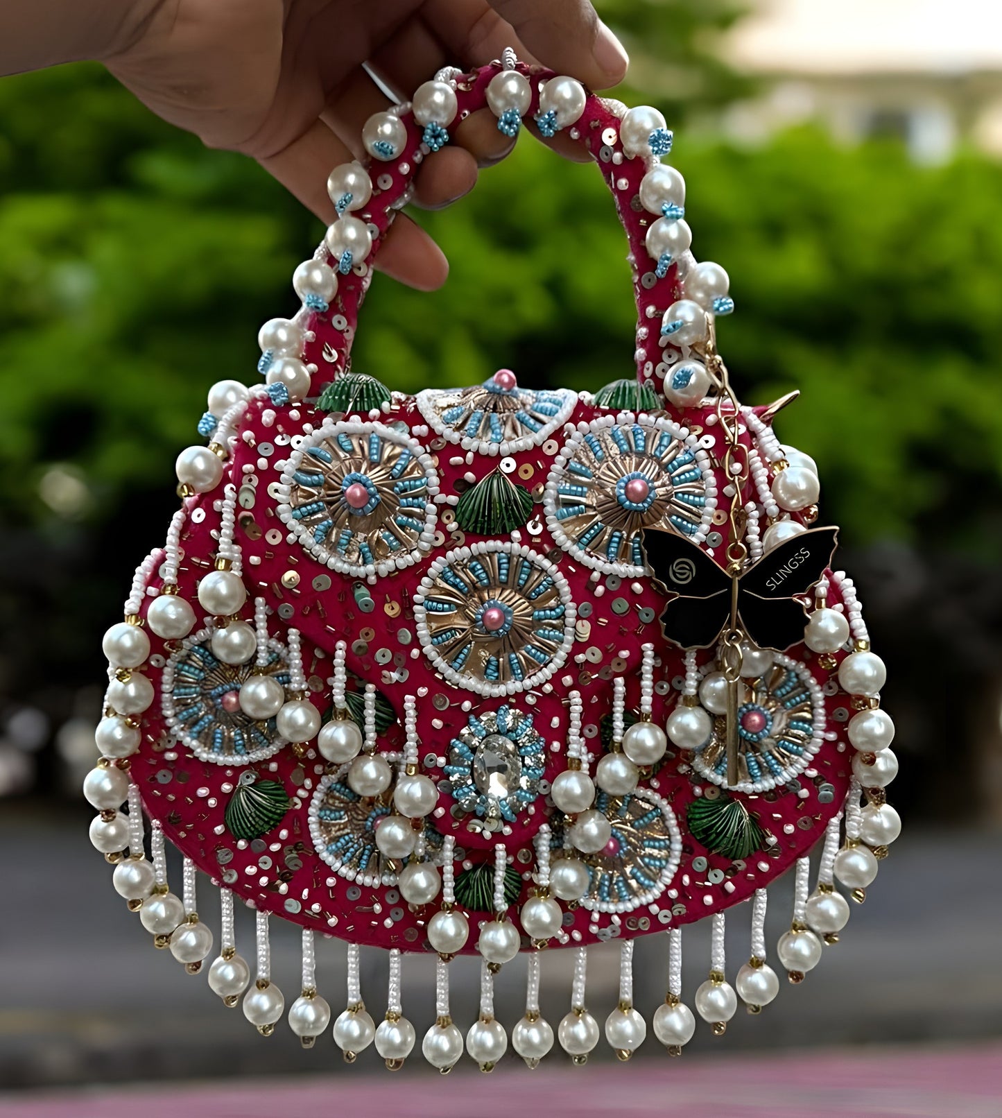 Slingss Luxury Range Hanging Beads Embroidered Partywear Handbag For Ladies With Handle & Chain