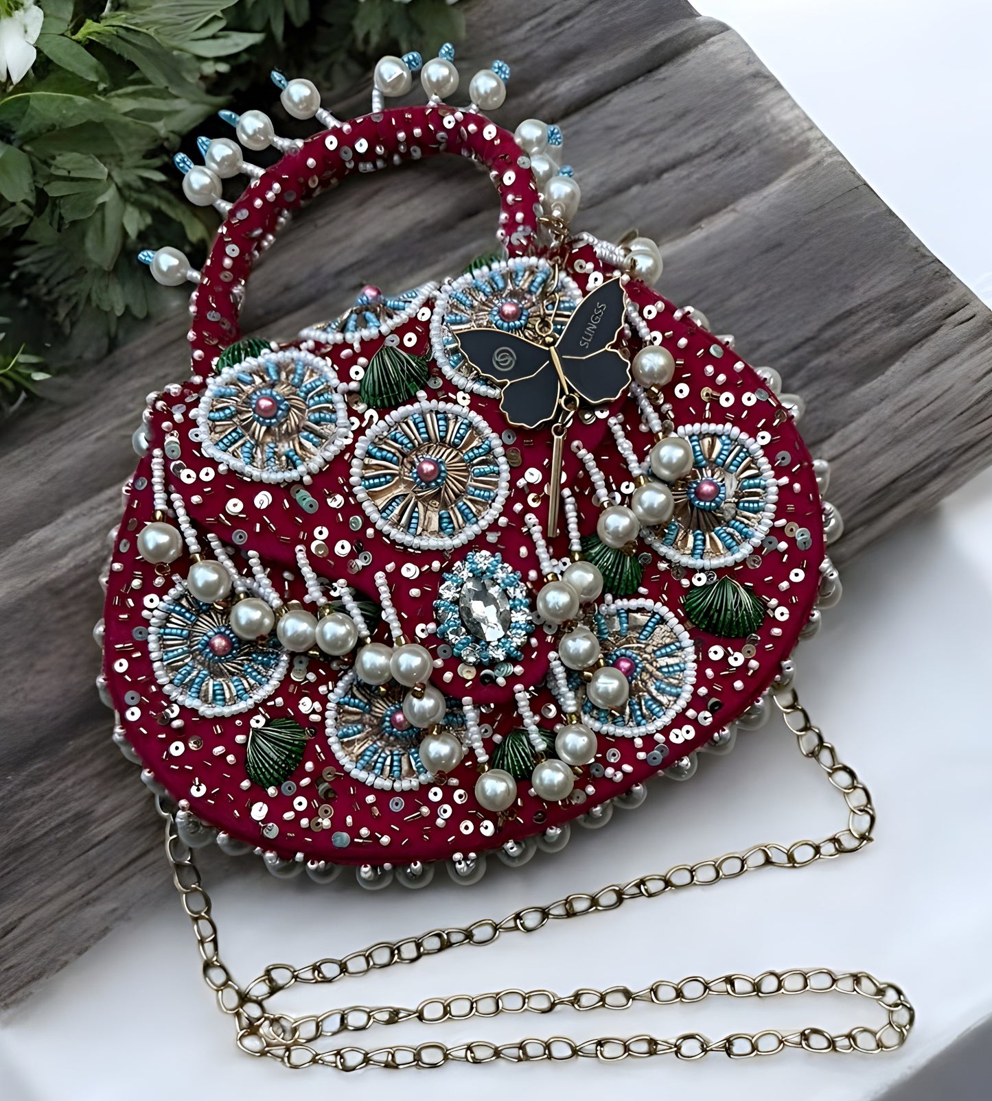 Slingss Luxury Range Hanging Beads Embroidered Partywear Handbag For Ladies With Handle & Chain