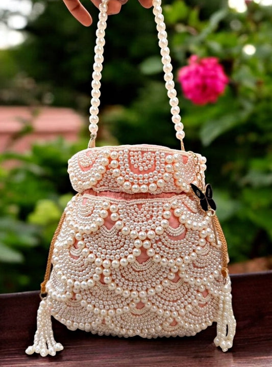 Slingss Premium Peach White Beads Potli For Ladies With White beads Handle